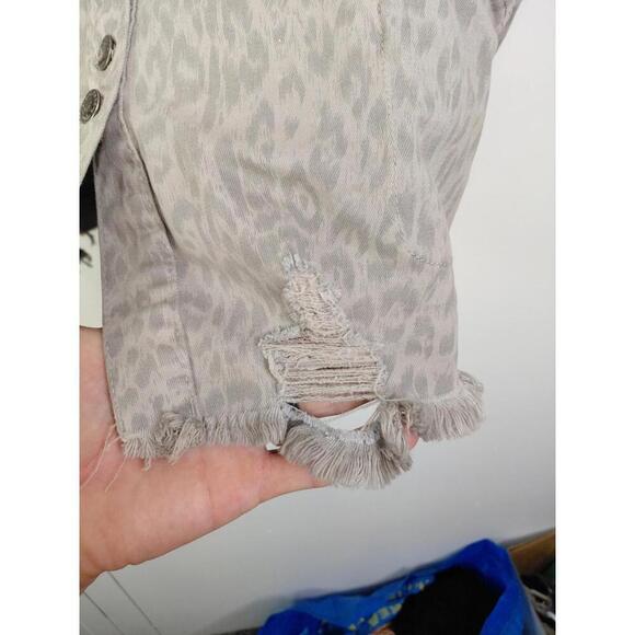 Kancan Jacket Womens Small Signature Leopard Gray Distressed Ripped Long Length - Picture 7 of 10